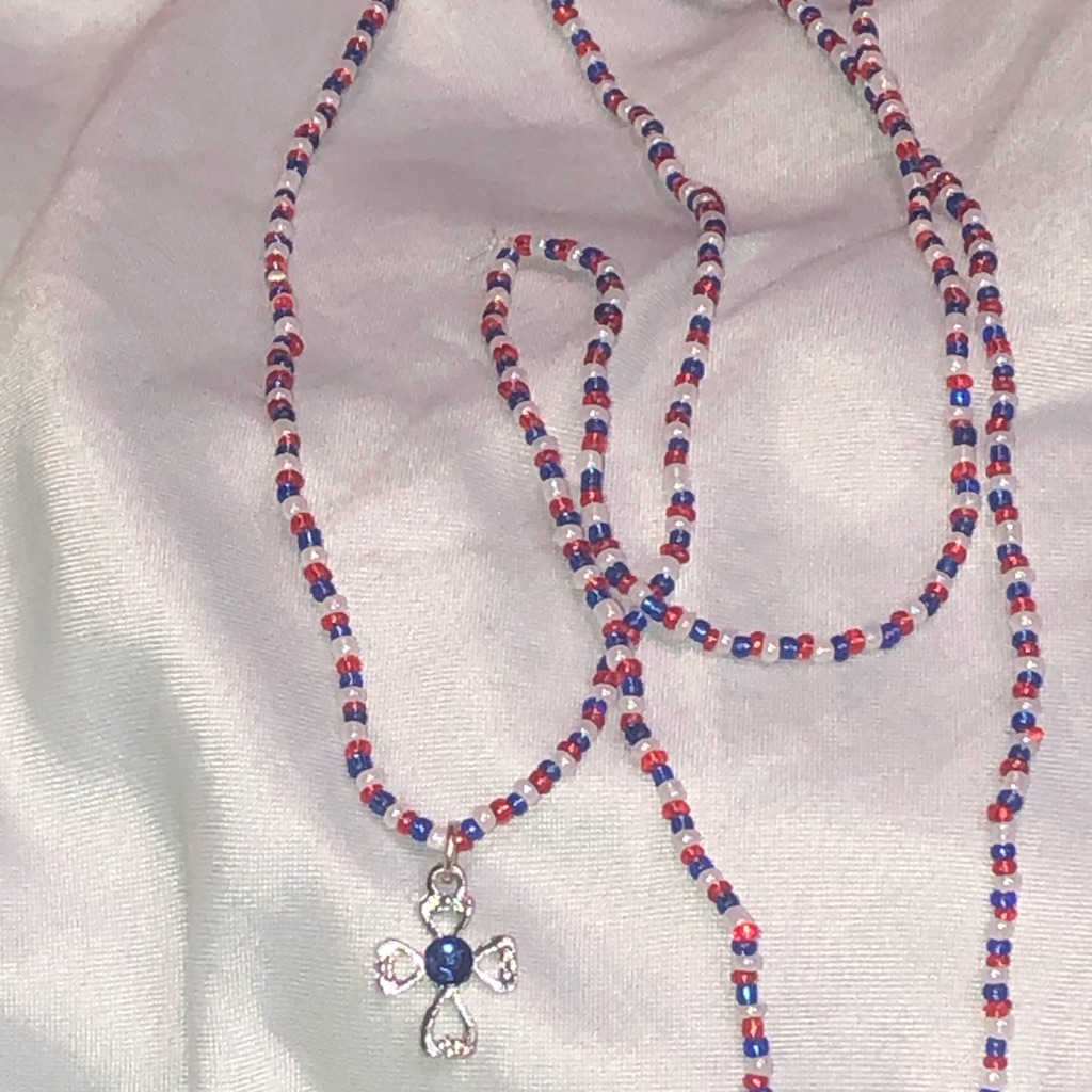 Silver Blue Gem Cross Long Red White Blue Necklace Long - New